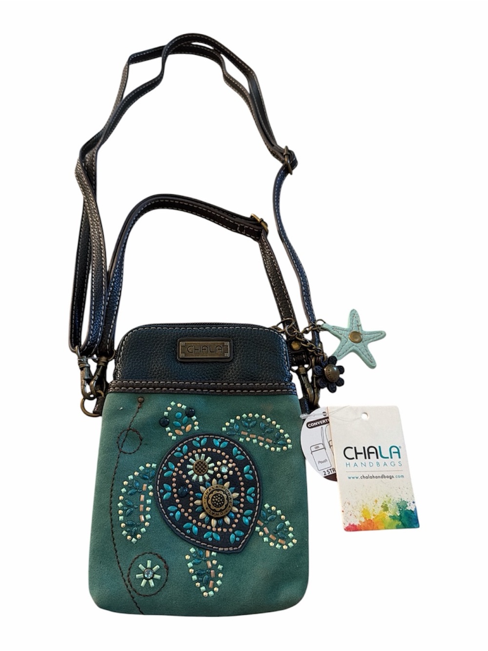 Chala Teal Embroidered Crossbody with Black Strap